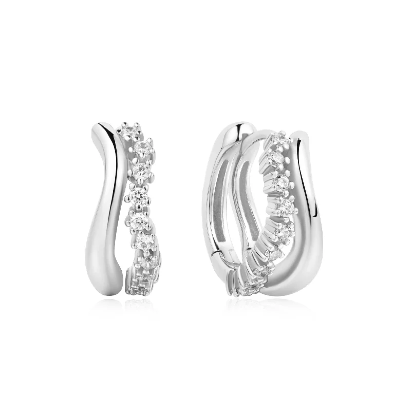 bridal earrings for women -Ania Haie Silver Sparkle Double Huggies