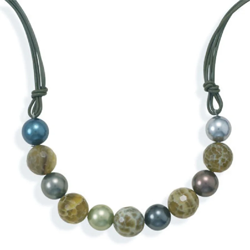 geometric necklaces for women -Green Leather Fire Agate and Shell Beads Three Strand Necklace Sterling Silver