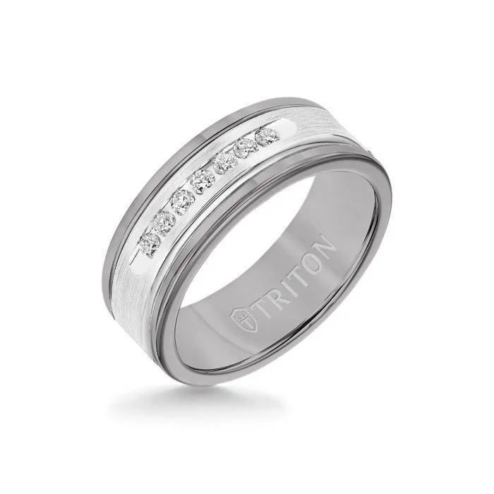 modern rings for women -8MM Grey Tungsten Carbide Ring - White Diamonds 14K White Gold Insert with Round Edge