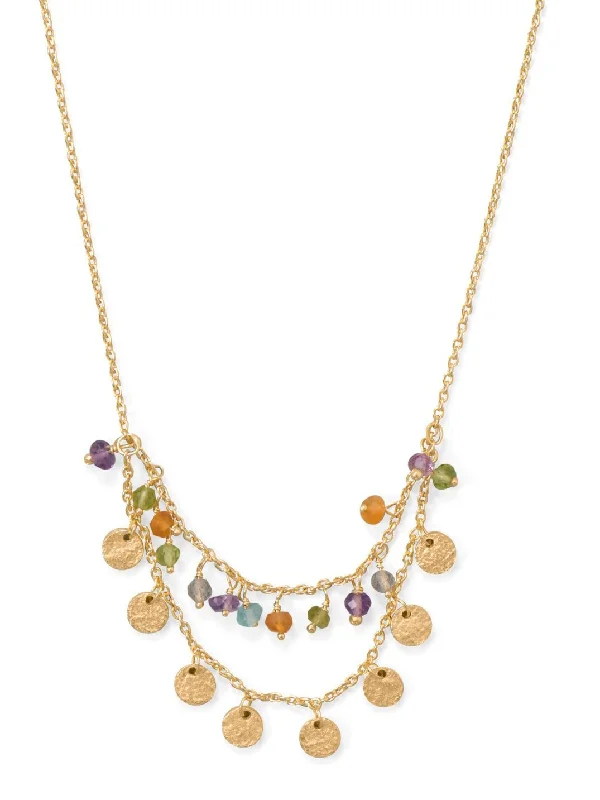 luxury necklaces for women -Multistone 2-strand 14k Gold-plated Silver Necklace with Gold Disks Adjustable