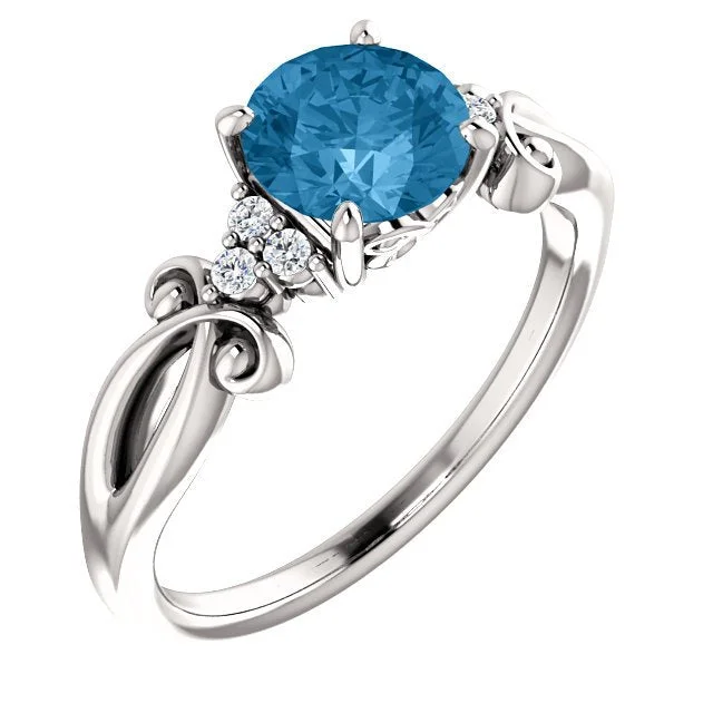 vintage rings for women -14KT GOLD 1.30 CT SWISS BLUE TOPAZ & 0.06 CTW DIAMOND ACCENT RING