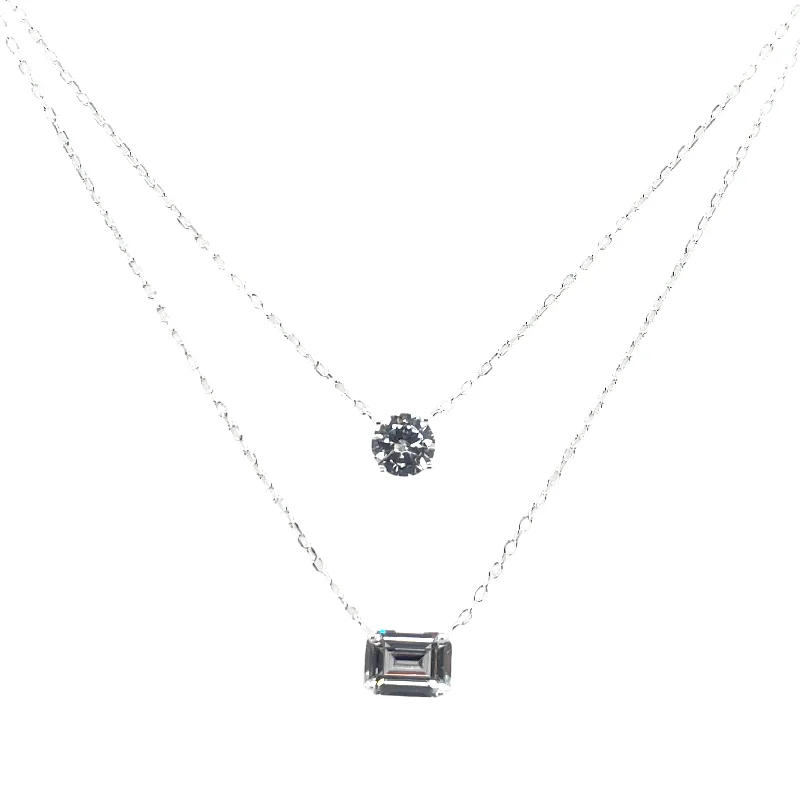 layered gemstone necklaces for women -Sterling Silver Double Layered Round And Emerald Cut Cz Necklace