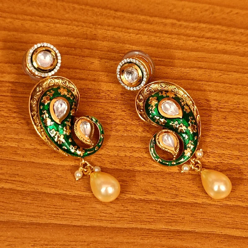 trendy statement earrings for women -GREEN MEENAKARI KUNDAN & CZ EARRINGS