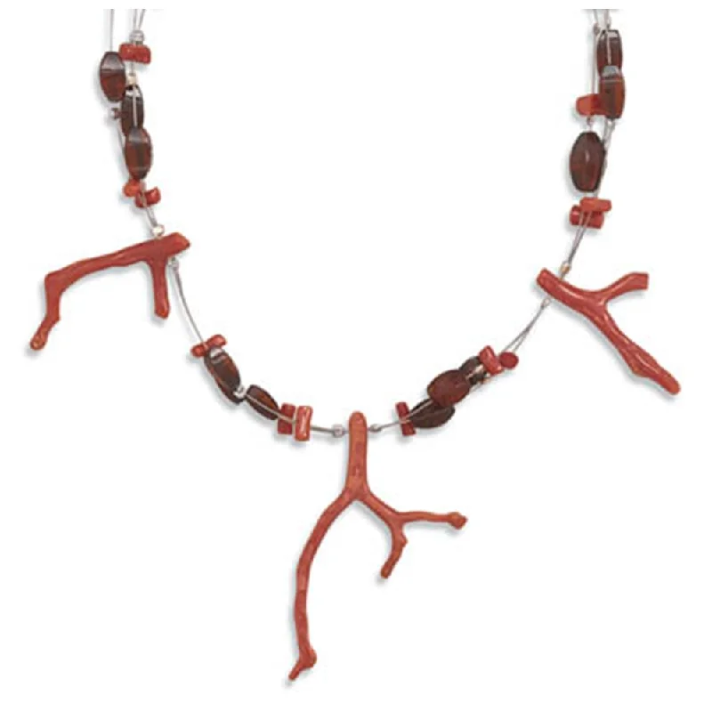 gold necklaces for women -Red Branch Necklace with Baltic Amber Three Strands Wire Sterling Silver