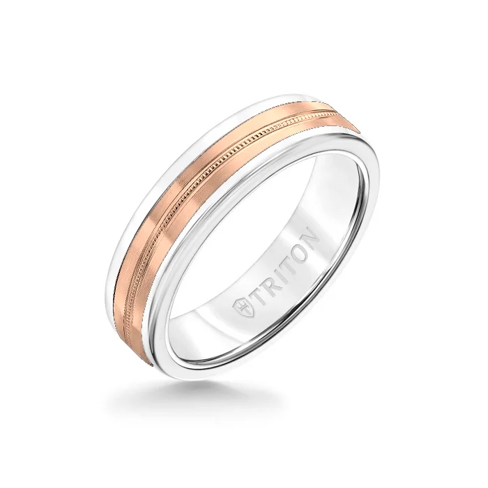 classic silver rings -6MM White Tungsten Carbide Ring - Center Milgrain 14K Rose Gold Insert with Round Edge