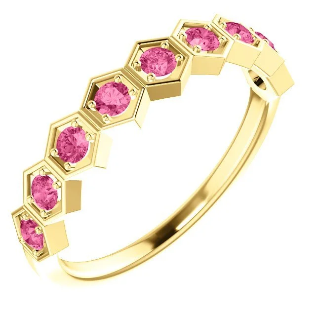 halo engagement rings -14KT GOLD 0.45 CTW PINK TOURMALINE HEXAGONAL STACKABLE RING