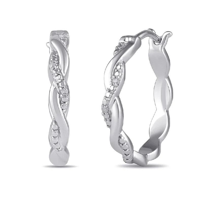 casual earrings for women -Diamond Set Plait Hoop Earrings in Sterling Silver