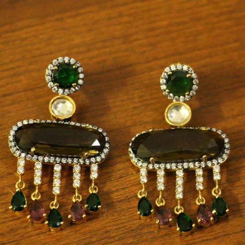 chic drop earrings for women -Green American Diamonds Onyx Yellow Gold Danglers Drops