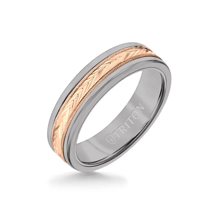 vintage wedding rings -6MM Grey Tungsten Carbide Ring - Herringbone 14K Rose Gold Insert with Round Edge