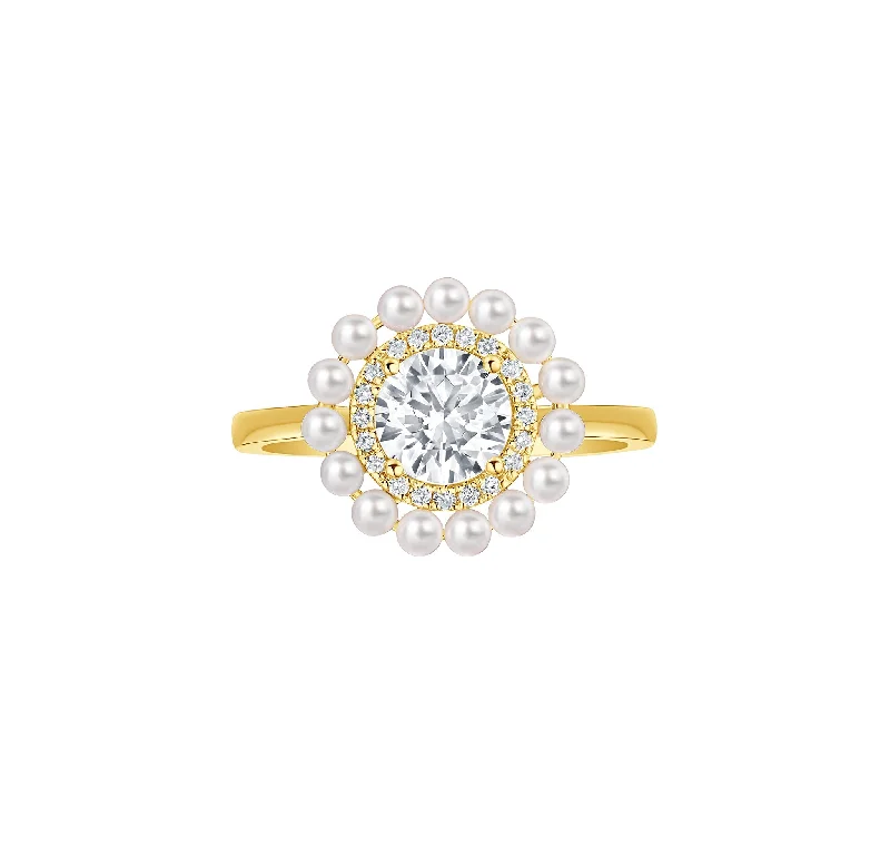 contemporary rings for women -14K Yellow Gold 1.10ctw Round Lab Diamond & Pearl Halo Ring