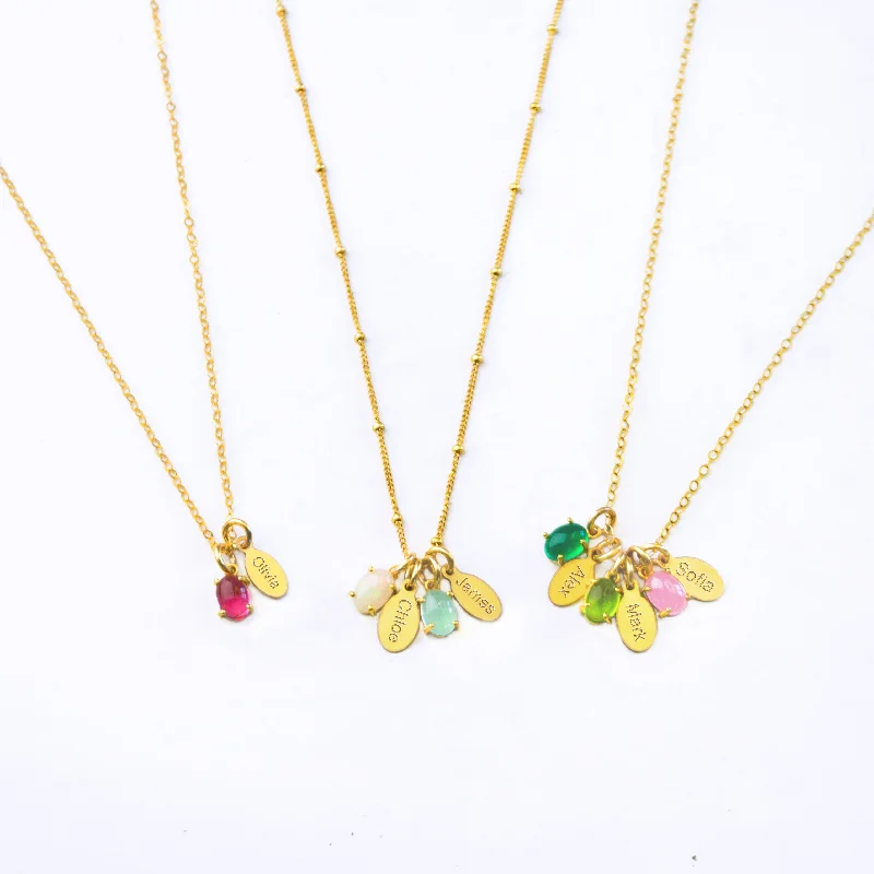 simple charm necklaces for women -Custom Mother's Necklace with Prong Set Cabochon & Name Charms