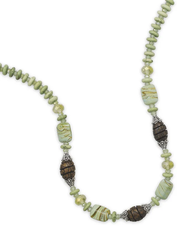 classic pearl necklaces for women -Green and Brown Swirled Lampwork and Wood Bead Necklace Sterling Silver Adjustable - Made in the USA