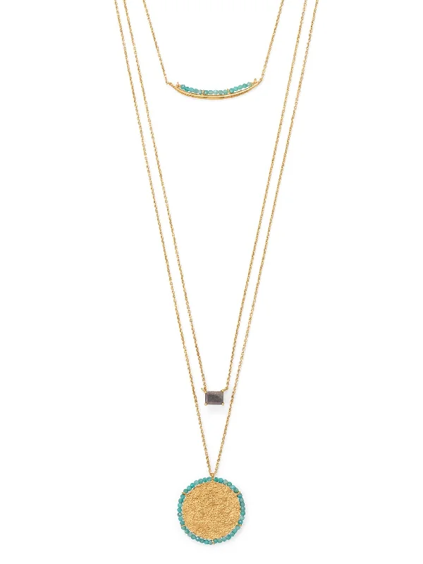 bridal necklaces for women -Three Strand Labradorite Amazonite Necklace with Disk Pendant Gold-plated Silver