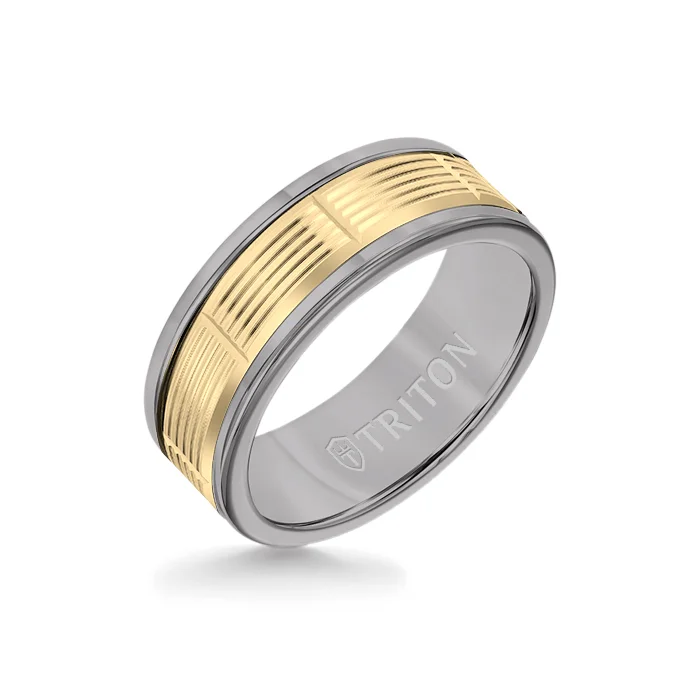 custom rings for women -8MM Grey Tungsten Carbide Ring - Serrated Vertical Cut 14K Yellow Gold Insert with Round Edge