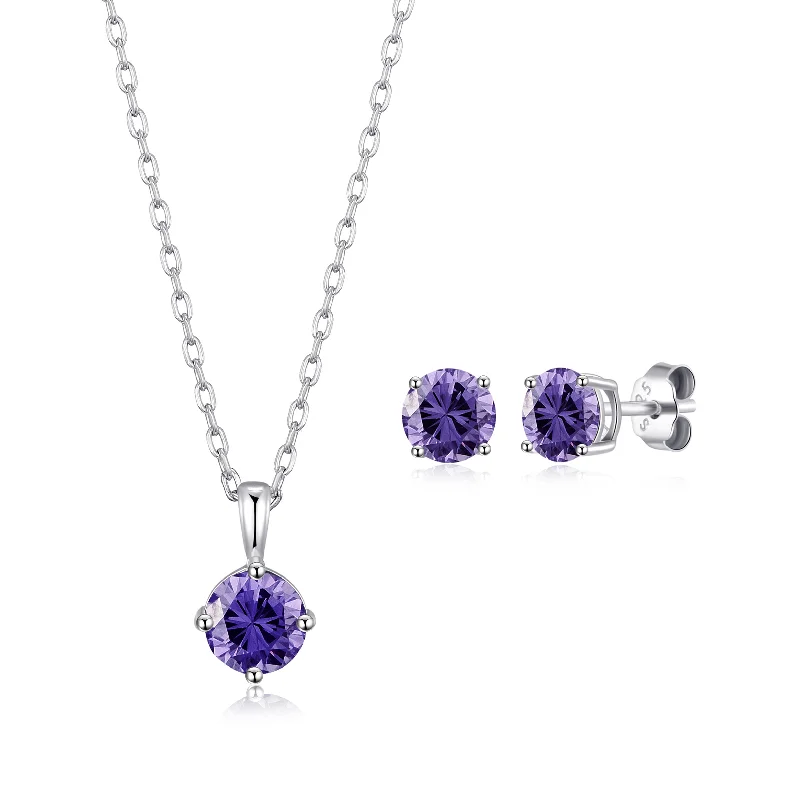 simple stud earrings for women -Sterling Silver February (Amethyst) Birthstone Necklace & Earrings Set Created with Zircondia® Crystals