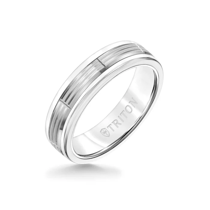 rose gold rings for women -6MM White Tungsten Carbide Ring - Serrated Vertical Cut 14K White Gold Insert with Round Edge