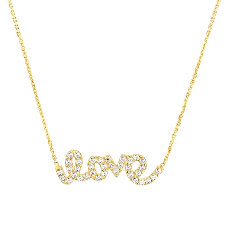 heart necklaces for women -Word Love Necklace Yellow Gold on Sterling Silver with Pave Cubic Zirconia