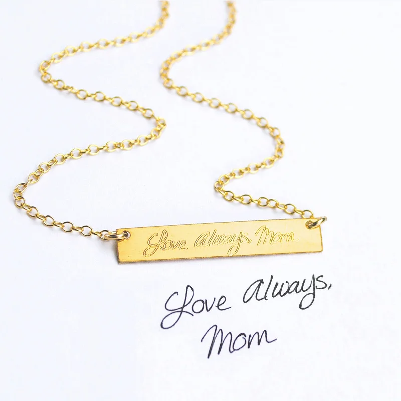 bohemian style necklaces for women -Actual Handwriting Bar Necklace, Real Handwriting Jewelry, Gold Fill, Sterling Silver, Valentine's Day Gift for Women, Husband Memorial Gift for Wife