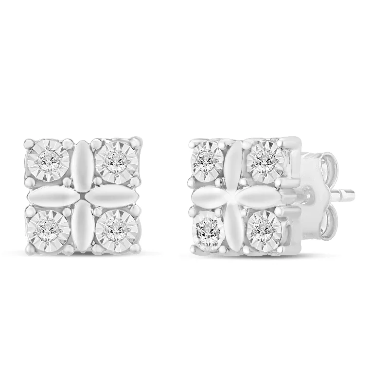 stud earrings for women -Miracle Surround Square Shaped Stud Earrings with 0.05ct of Diamonds in Sterling Silver