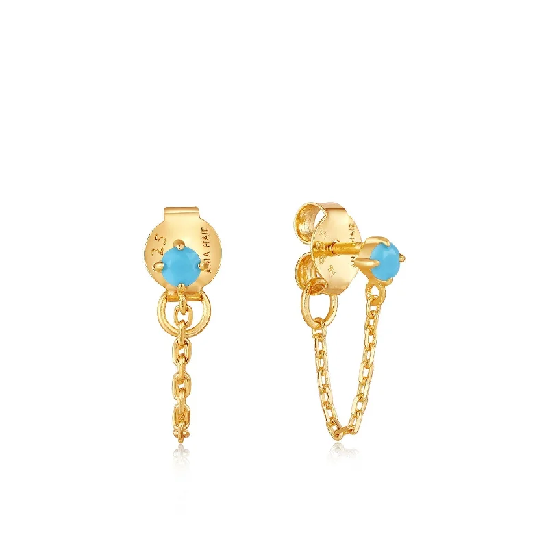 stud earrings for women -Ania Haie Turquoise Chain Drop Gold Stud Earrings