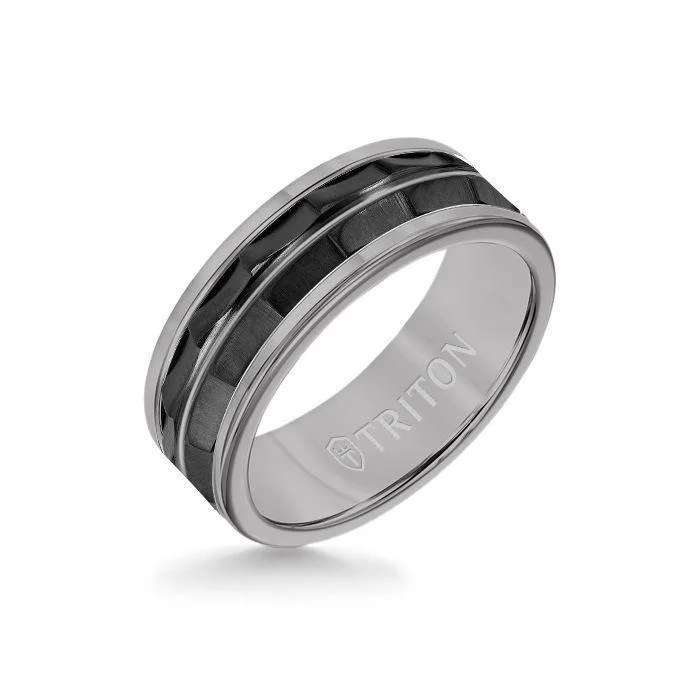 sparkling rings for women -8MM Grey Tungsten Carbide Ring - Chevron Black Titanium Insert with Round Edge