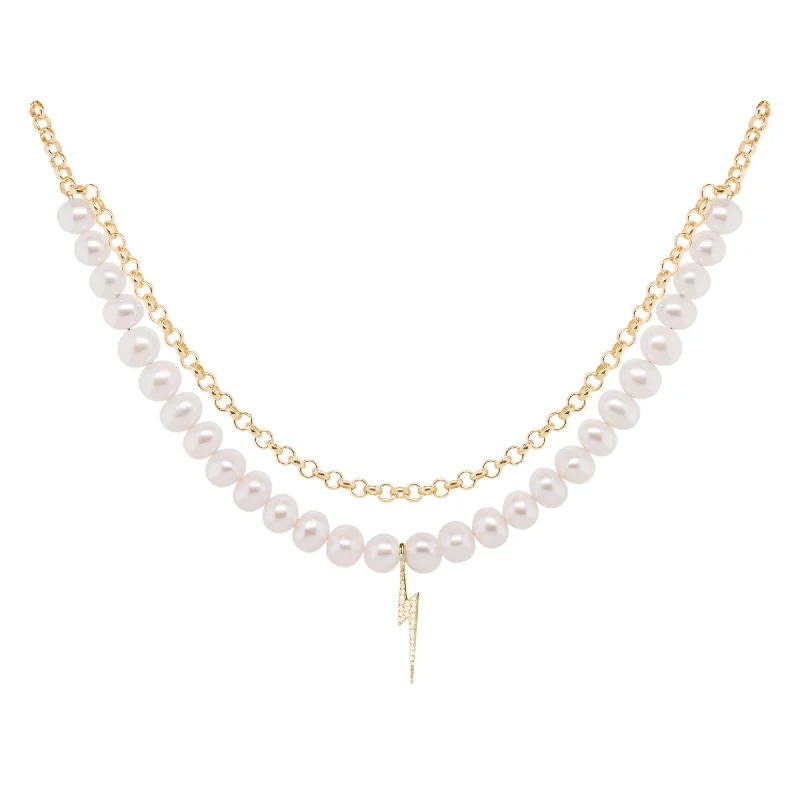 wedding pendant necklaces for women -Bolt Gold Plated Necklace w. Pearl & Zirconia