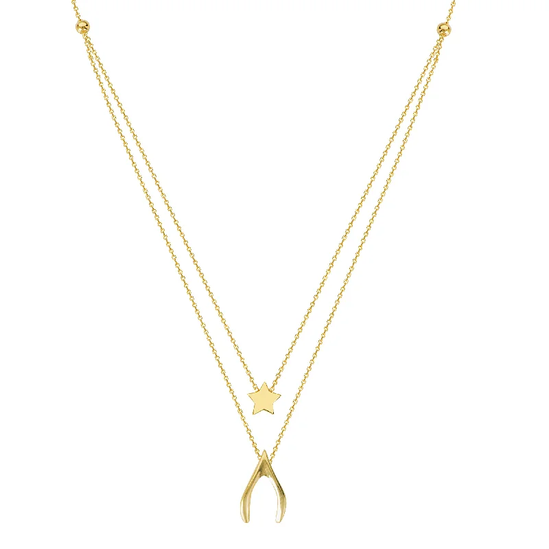 luxury chain necklaces for women -14k Yellow Gold Star and Wishbone Necklace - Layered Duos