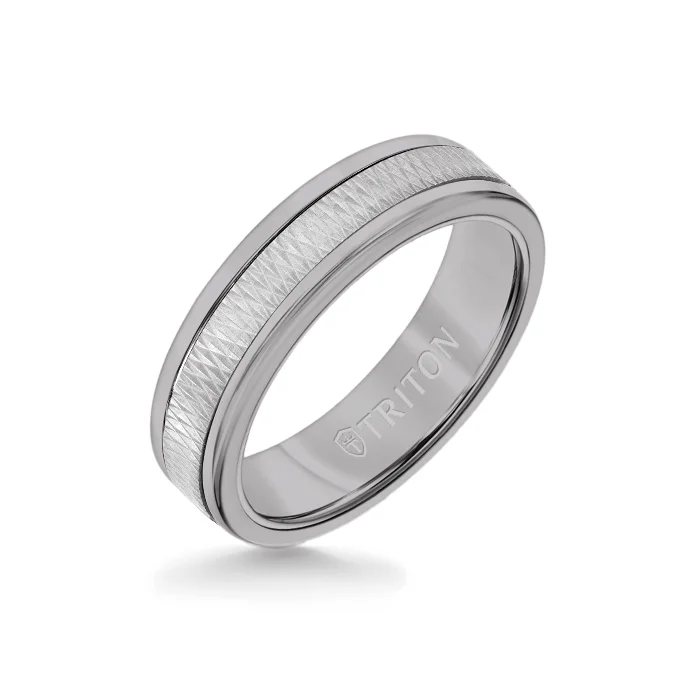 elegant engagement rings -6MM Grey Tungsten Carbide Ring - Criss Cross 14K White Gold Insert with Round Edge