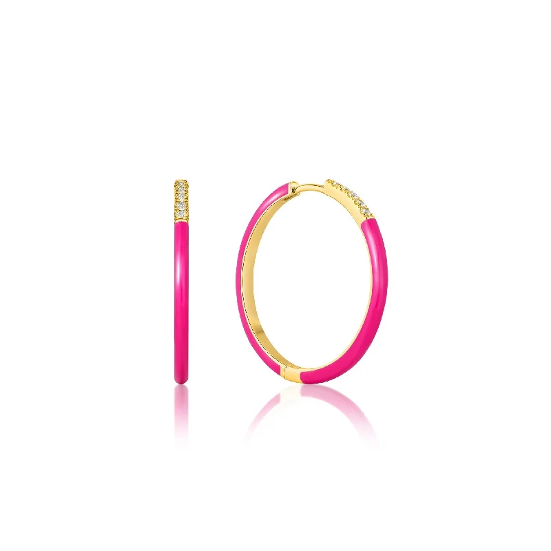 simple hoop earrings for women -Neon Pink Enamel Gold Sparkle Hoop Earrings