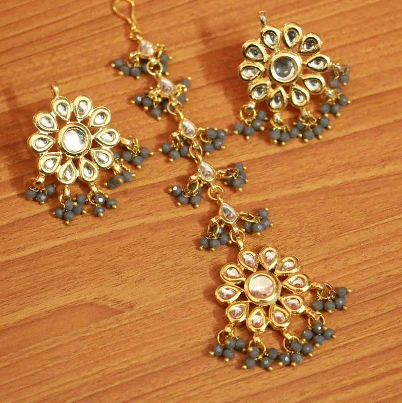 big hoop earrings for women -Grey Crystal Kundan Meenakari Tikka With Earrings