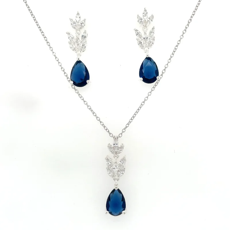 vintage-style necklaces for women -Sterling Silver Sapphire And Cz Earring And Necklace Set