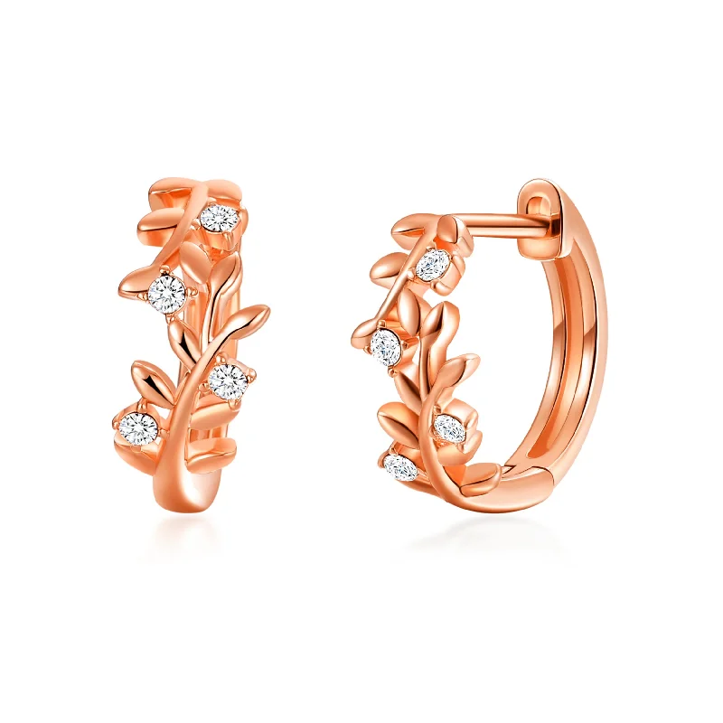 stylish gemstone earrings for women -Rose Gold Plated Leaf Hoop Earrings Created with Zircondia® Crystals