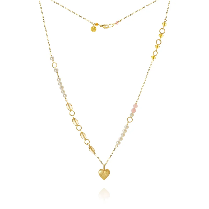 rose gold necklaces for women -Piccolo Mellow Heart 18K Gold Necklace, 43 cm w. Pearl, Quartz & Sapphire