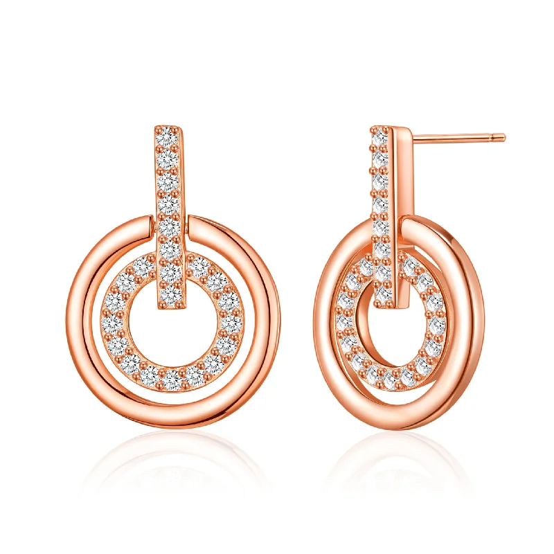 custom name earrings for women -Rose Gold Plated Double Circle Drop Earrings Created with Zircondia® Crystals