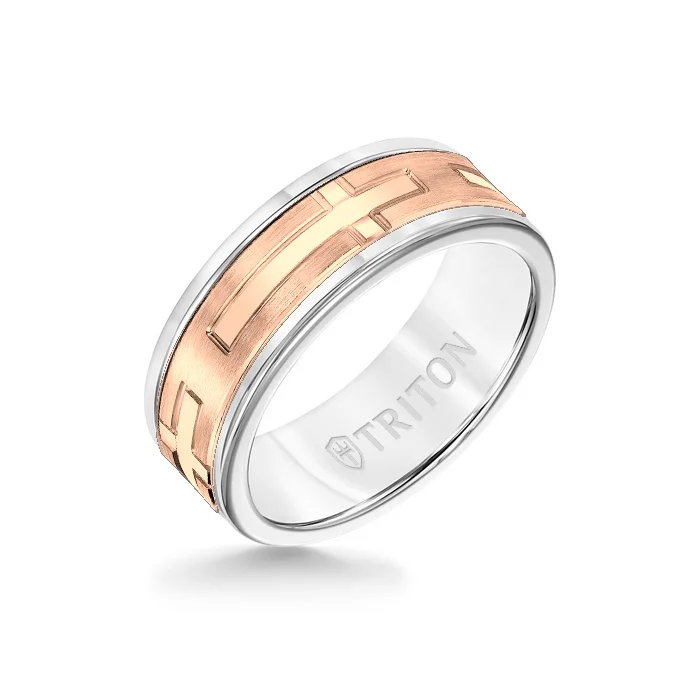 promise rings for couples -8MM White Tungsten Carbide Ring - Religious 14K Rose Gold Insert with Round Edge