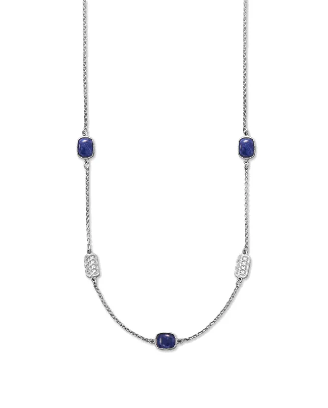 wedding pendant necklaces for women -Blue Sodalite Necklace with Weave Design Stations Rhodium on Silver Adjustable M34509-16