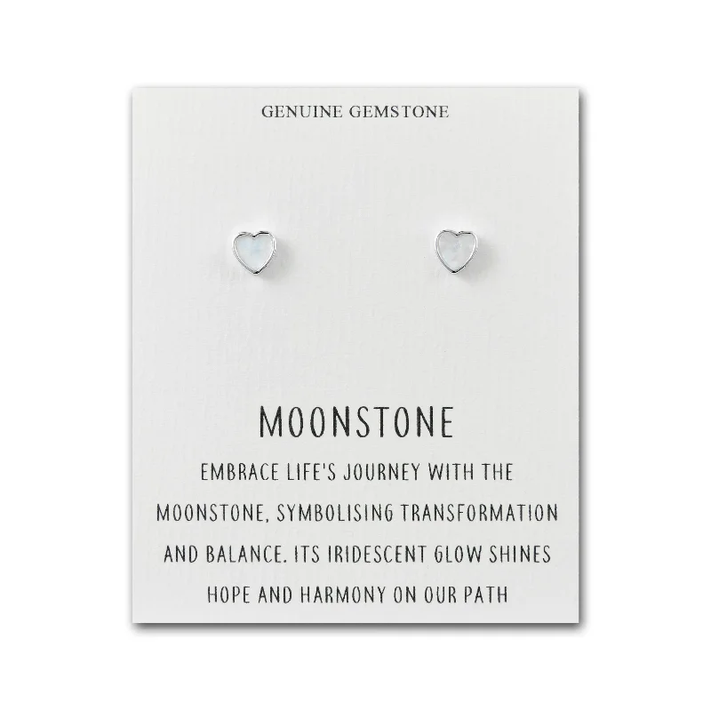 gemstone stud earrings for women -Moonstone Heart Stud Earrings with Quote Card