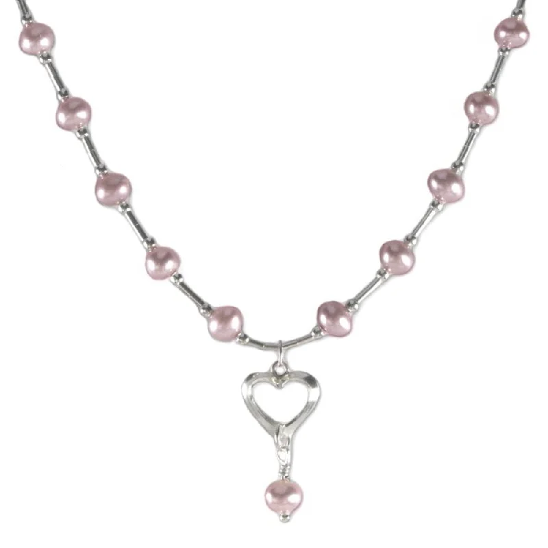 choker necklaces for women -Pink Cultured Freshwater Pearl Necklace with Heart Drop Sterling Silver