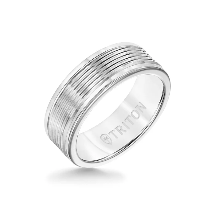 heart-shaped rings for women -8MM White Tungsten Carbide Ring - Serrated Engraved 14K White Insert with Round Edge