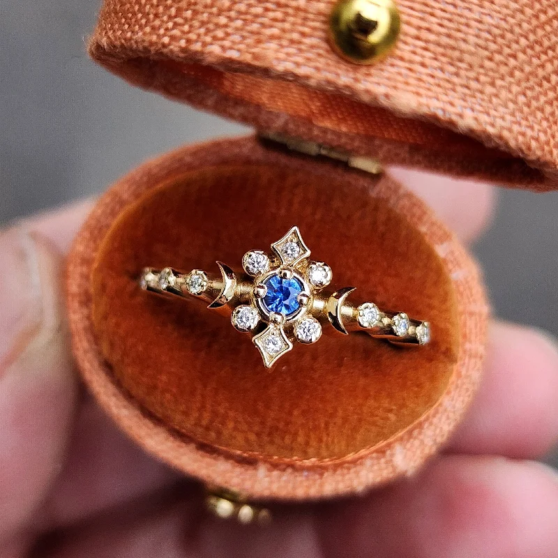 opal rings for women -Ready to Ship Size 6 - 8 - Cornflower Blue Sapphire Petite Triple Moon Ring with Natural Diamonds 14k Yellow Gold