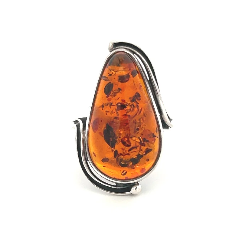 luxury rings for women -Estate Sterling Silver Hand Made Amber Solitaire Ring