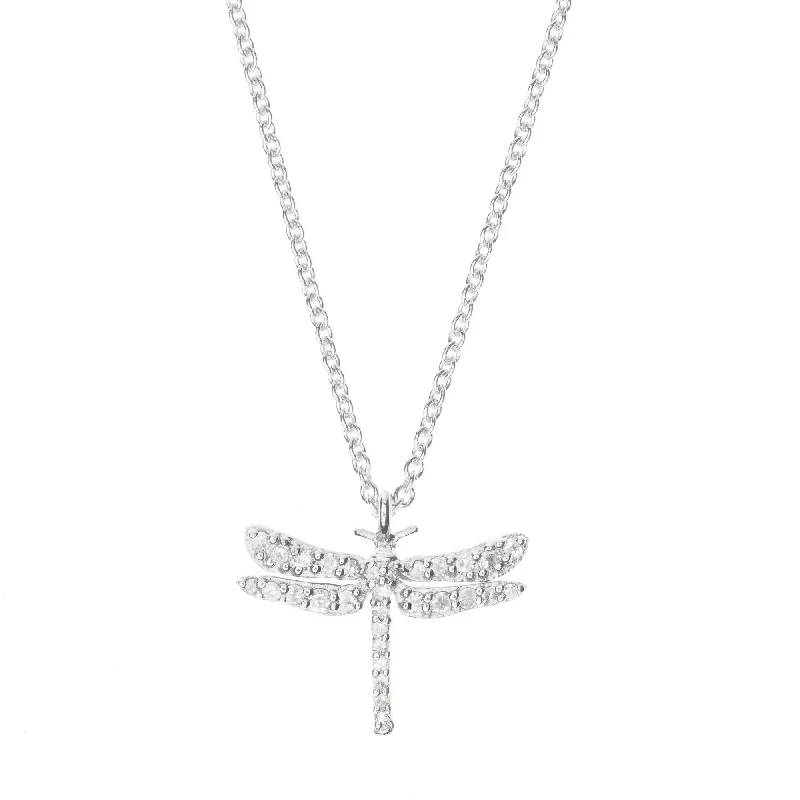 vintage gold necklaces for women -Dragonfly Silver Necklace w. Diamond