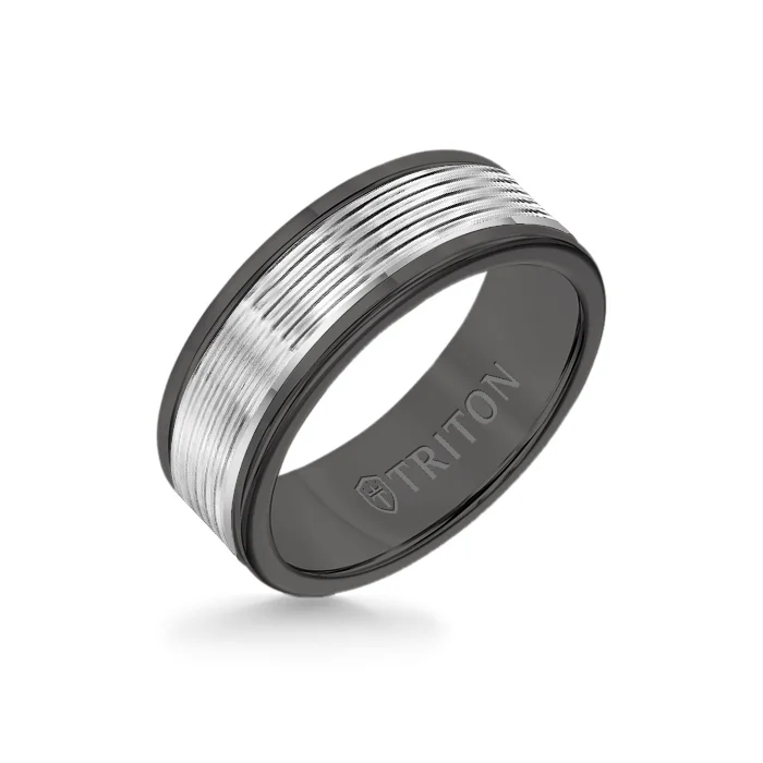 silver stacking rings -8MM Black Tungsten Carbide Ring - Serrated Engraved 14K White Insert with Round Edge