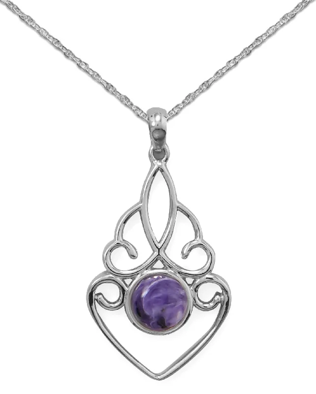 statement gold necklaces for women -Purple Charoite Pendant Necklace, Includes Rope Chain Sterling Silver