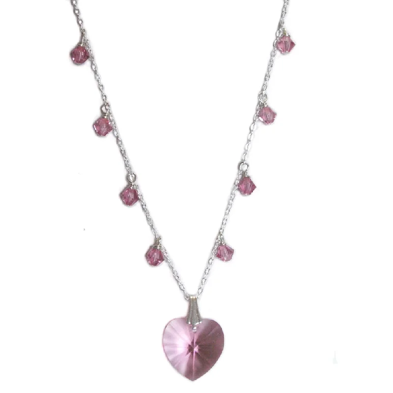 crystal necklaces for women -Pink Crystal Heart Necklace Sterling Silver Adjustable