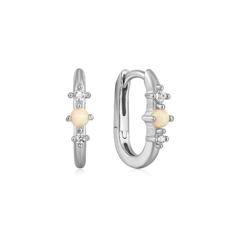 stud earrings for women -Silver Kyoto Opal Oval Huggie Hoop Earrings