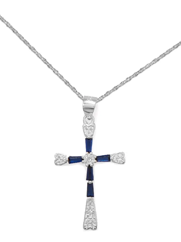 fashionable necklaces for women -Dark Blue and Clear Cubic Zirconia Cross Necklace with Rope Chain - Nontarnish