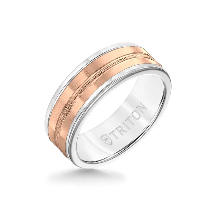 statement wedding rings -8MM White Tungsten Carbide Ring - Center Milgrain 14K Rose Gold Insert with Round Edge