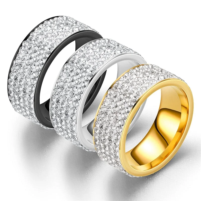 rose gold wedding bands -Iced Out CZ Bling Black/Gold/Silver Color Stainless Steel Unisex Rings