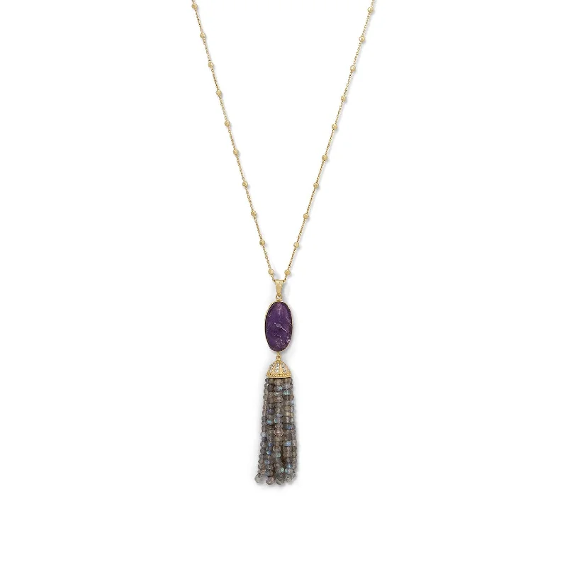 engraved necklaces for women -Gold-plated Sterling Silver Amethyst and Labradorite Fringe Tassel Necklace